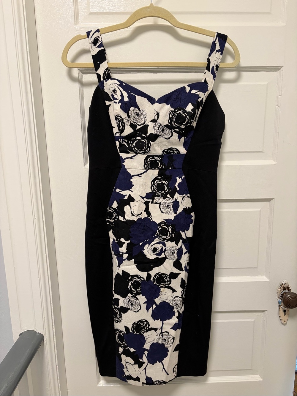 Black Halo Black, White and Navy Floral Paneled Midi Dress